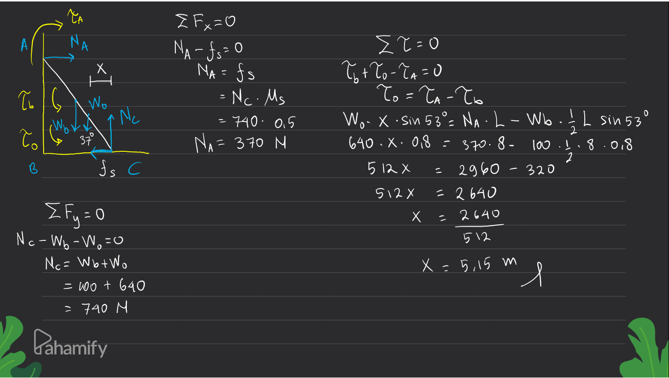 TA А NA Ix I fx=0 NA-fs=0 MA= fs = Nc. Ms -740-0.5 NA=370 M ł Wo 1 Ne - v ♡ و یه و ST-0 Totło-?a=0 To=łało Wo. X. Sin 53°: NA-L - Wb. 1L sin 530 640.X. 018 = 370.8. 8.018 512 X Х 512X = 2640 X = 2 640 37° 100 .! 2 320 fs c 2960 I Fu=0 Nc-W-W.=0 512 X Х 5,15 m Ncă Wbt Wo = 10 + 640 = 740 M ml Pahamify 