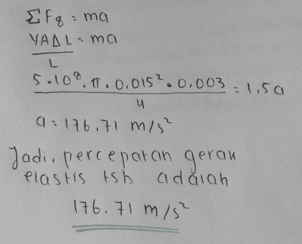 ΣΕ 4 Ef q = ma YARL=ma L 5.109.17.0.015?.0.003 - 1150 и a: 176.71 m/s Jadi, percepatan geran elastis tsh adalah 176. 71 m/s 