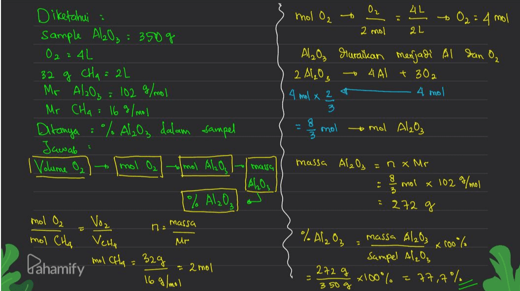 O₂ AL mol O₂ o to O2 = 4 mol 2 mol 2 L . Diketahui Sample Al2O₃ = 350 g O2 z 4L 32 g CHA = 2L Mr Al2O₃ Mr CHA = 16 g/mol Ditanya % Al₂O₃ dalam sampel Jawab I Volume ₂ mol O₂/mol Alo Al2O diuraikan menjadi Al dan O₂ 2 Al₂O, 4 A1 + 302 4 mol x 2 4 mol : 102 g/mol < 3 0 3 Bom mol to mol Al2O3 massa massa Al2O₃ = nx Mr 8 3 mol x 1029/mol 1% Al₂O, od 1 tt : 272 g massa n: % Al2O₃ mol O₂ Voz mol Cha Vella Pahamify mol CHq = 329 Mr x 200% massa Al2O3 Sampel Al₂O₃ *100% 77,7% 350 g - 2 mol 272g 16 g/mol 