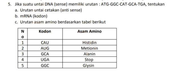 5. Jika suatu untai DNA (sense) memiliki urutan : ATG-GGC-CAT-GCA-TGA, tentukan a. Urutan untai cetakan (anti sense) b. mRNA (kodon) c. Urutan asam amino berdasarkan tabel berikut N Kodon Asam Amino onim 1 2 3 4 CAU AUG GCA UGA GGC Histidin Metionin Alanin Stop Glysin 5 