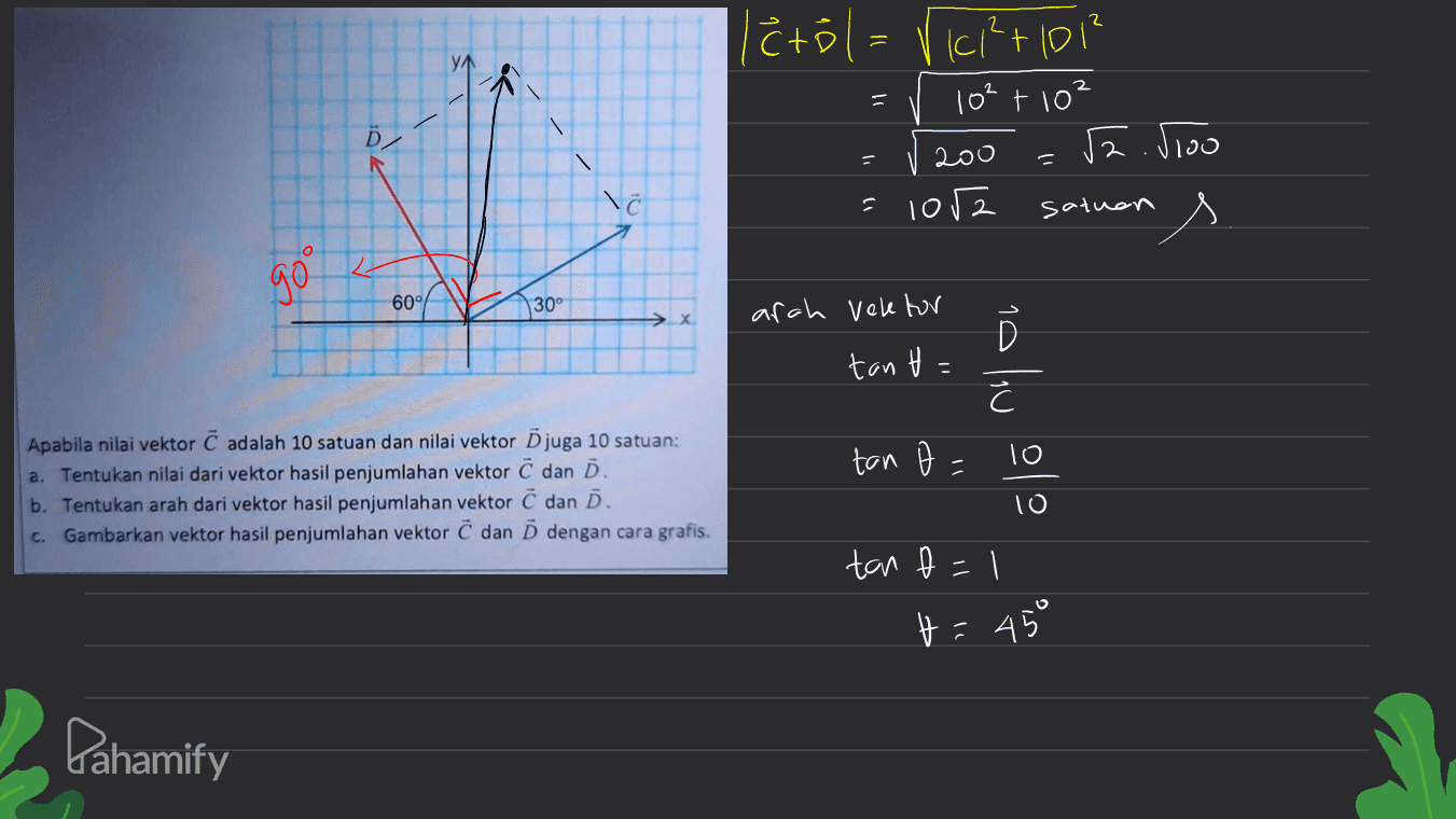 YA 2 letöl= K?+1012 10²t10² 2. Jioo =1002 Ď / 200 \ satuan go 60° 30° arah vektor tant- ho lov 22 tan o= To Apabila nilai vektor © adalah 10 satuan dan nilai vektor Ö juga 10 satuan: a. Tentukan nilai dari vektor hasil penjumlahan vektor © dan Ō. b. Tentukan arah dari vektor hasil penjumlahan vektor dan D. C. Gambarkan vektor hasil penjumlahan vektor ĉ dan Õ dengan cara grafis. 10 tan t=1 t=45° Pahamify 