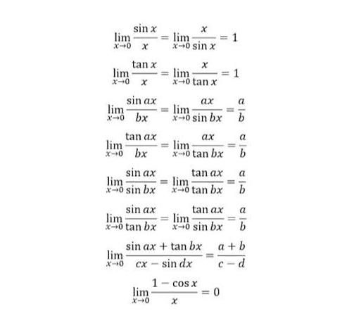 lim Sinox X x>0 tan Х wir EX 6 = 9 g 
1 sin x lim X-10 X tan x x+0 х X lim x-o sinx x lim x-0 tan x lim 1 sin ax = lim Il a = = CD ах a lim x-bx X-o sin bx b tan ax ах lim lim x-0 bx x90 tan bx b sin ax tan ax lim lim x40 sin bx x=0 tan bx b sin ax tan ax a lim lim x=0 tan bx x=0 sin bx b sin ax + tan bx a + b lim *-* cx - sin dx C- d 1 - cos x lim 0 X-0 = 