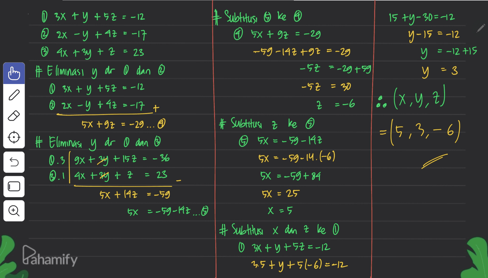 # Subtitusi 6 ke ( © 5x + 97 = -29 -59-147 +92 = -29 = 15 +Y-30=-12 y-15=-12 y = -12 +15 y = 3 -52 = -29 +59 -G2 = 30 Z =-6 = 0 3x + y + 5z =-12 @ 2x -y + 4z =-17 3 4x + 3y + z = 23 # #Eliminas y dr D dan @ y 0 0 3x + y + 5z =-12 @ 2x -y + 4z =-17 + 5x +92 = -29 ... # Eliminasi y dr D dan ③ 0.3|9x+3y + 15z = -36 gx 6.1| 4x + 3y + z = 23 5X + 142 -59 5X =-59-142 ...o # Subtitusi z ke © 5X = -59-142 5x = -99-14.(-6) 5X = -59 +84 :. ,y (x,y,z) =(5,3,-6) U - 5X = 25 X=5 Pahamify # Subtitusi x dan z ke 0 0 3x4 y + 5 =-12 3.5+ y + 51-6)=-12 