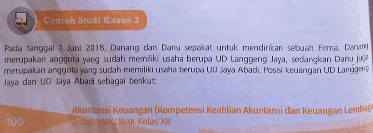 Contoh Studi Kasus 3 Pada tanggal 1 Juni 2018, Danang dan Danu sepakat untuk mendirikan sebuah Firma. Danang merupakan anggota yang sudah memiliki usaha berupa UD Langgeng Jaya, sedangkan Danu juga merupakan anggota yang sudah memiliki usaha berupa UD Jaya Abadi. Posisi keuangan UD Langgeng Jaya dan UD Jaya Abadi sebagai berikut: Akuntansi Keuangan (Kompetensi Keahlian Akuntansi dan Keuangan Lembaga untuk SMK/MAK Kelas XII 100 
UD Langgeng Jaya Laporan Posisi Keuangan Periode 1 Juni 2018 Kas Piutang dagang Rp 450.000.000,00 Rp 175.750.000,00 Persediaan barang dagang Rp 414.250.000,00 Rp 1.040.000.000,00 2,00 Utang dagang Total Rp 410.000.000,00 0,00 Modal Danang Total Rp 630.000.000,00 Rp 1.040.000.000,00 UD Jaya Abadi Laporan Posisi Keuangan Periode 1 Juni 2018 Utang Dagang Kas Piutang dagang Persediaan Peralatan toko Bangunan Total Utang Bank Rp 161.250.000,00 Rp 208.750.000,00 Rp 150.000.000,00 Rp 220.500.000,00 Rp 500.000.000,00 Rp 1.240.500.000,00 Rp 240.500.000,00 Rp 250.000.000,00 00 Modal Danu Total Rp 750.000.000,00 Rp 1.240.500.000,00 a. C. Kesepakatan yang dibuat antara Danang dan Danu sebelum pendirian Firma adalah sebagai berikut: Kas Danang diambil sebesar Rp225.000.000,00 sedangkan Kas milik Danu diambil semua. b. Piutang dagang Danang hanya diserahkan Rp75.000.000,00 sedangkan persediaan barang dagangan diserahkan Rp200.00.000,00. Peralatan toko Danu dinaikan nilainya menjadi sebesar Rp250.000.000,00, sedangkan bangunan miliknya dinilai sebesar nilai wajarnya menjadi Rp550.000.000,00. d. Utang dagang Danang akan dilunasi semuanya, sedangkan Utang Bank Danu akan dibayar Rp150.000.000,00. Firma tersebut diberi nama Firma "USAHA SUKSES", dengan pencatatan melanjutkan buku UD Langgeng Jaya. Berdasarkan data tersebut, Anda diminta: 1. 2. 3. e. Membuat jurnal penyesuaian kekayaan sebelum pendirian Firma. Membuat jurnal penyesuaian jika melanjutkan buku UD Langgeng Jaya. Membuat jurnal setoran anggota jika melanjutkan UD Langgeng Jaya. 