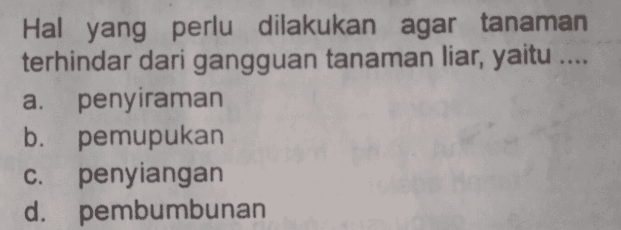 Hal yang perlu dilakukan agar tanaman terhindar dari gangguan tanaman liar, yaitu .... a. penyiraman b. pemupukan c. penyiangan d. pembumbunan 