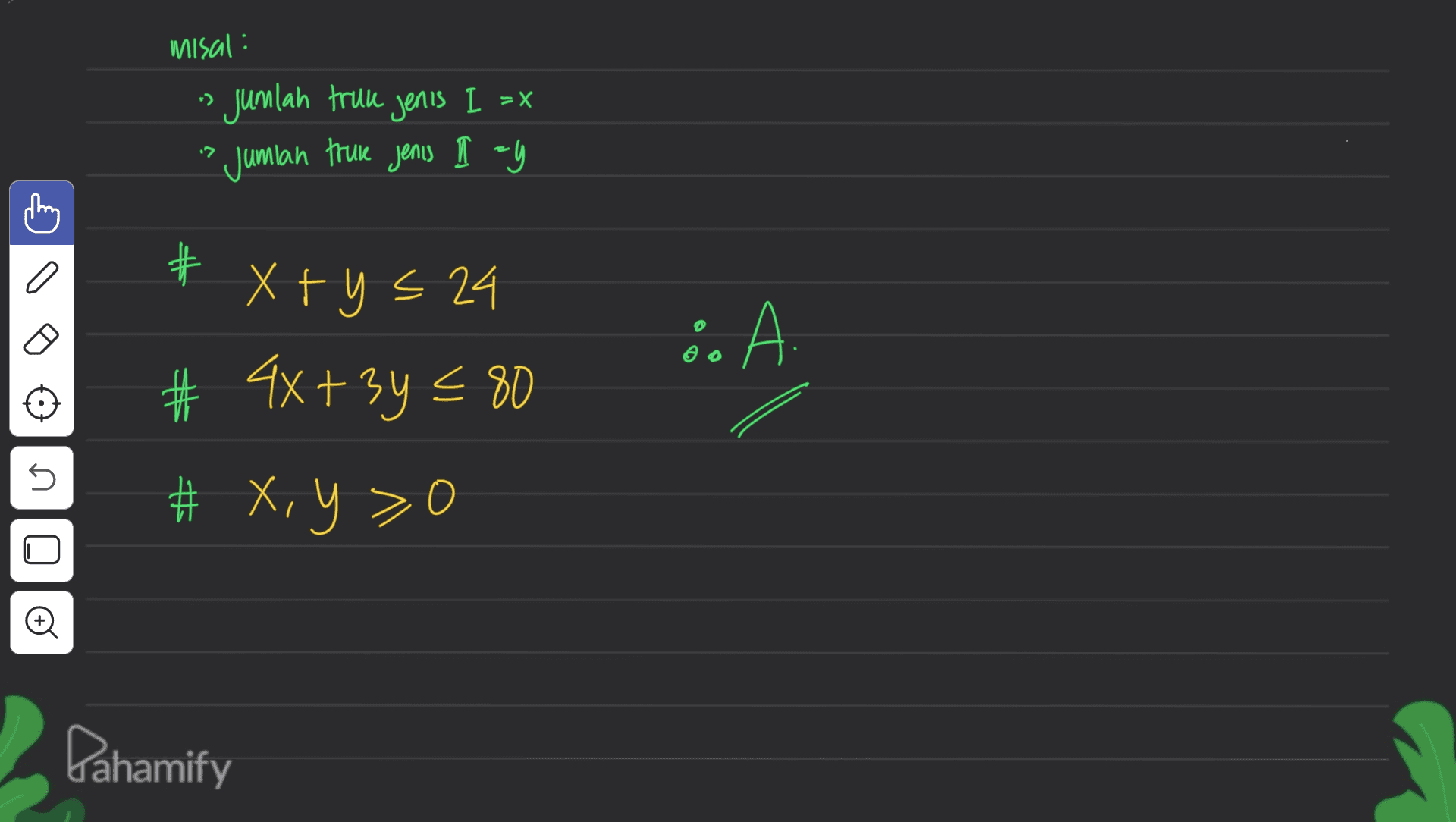 misal: jumlah truk jenis I =X ? Jumian truce Jenis II ay x= I o a bz 8 A. A # Xtys 24 # 4x+3y = 80 # X, Y > 0 5 och'X Dahamify 