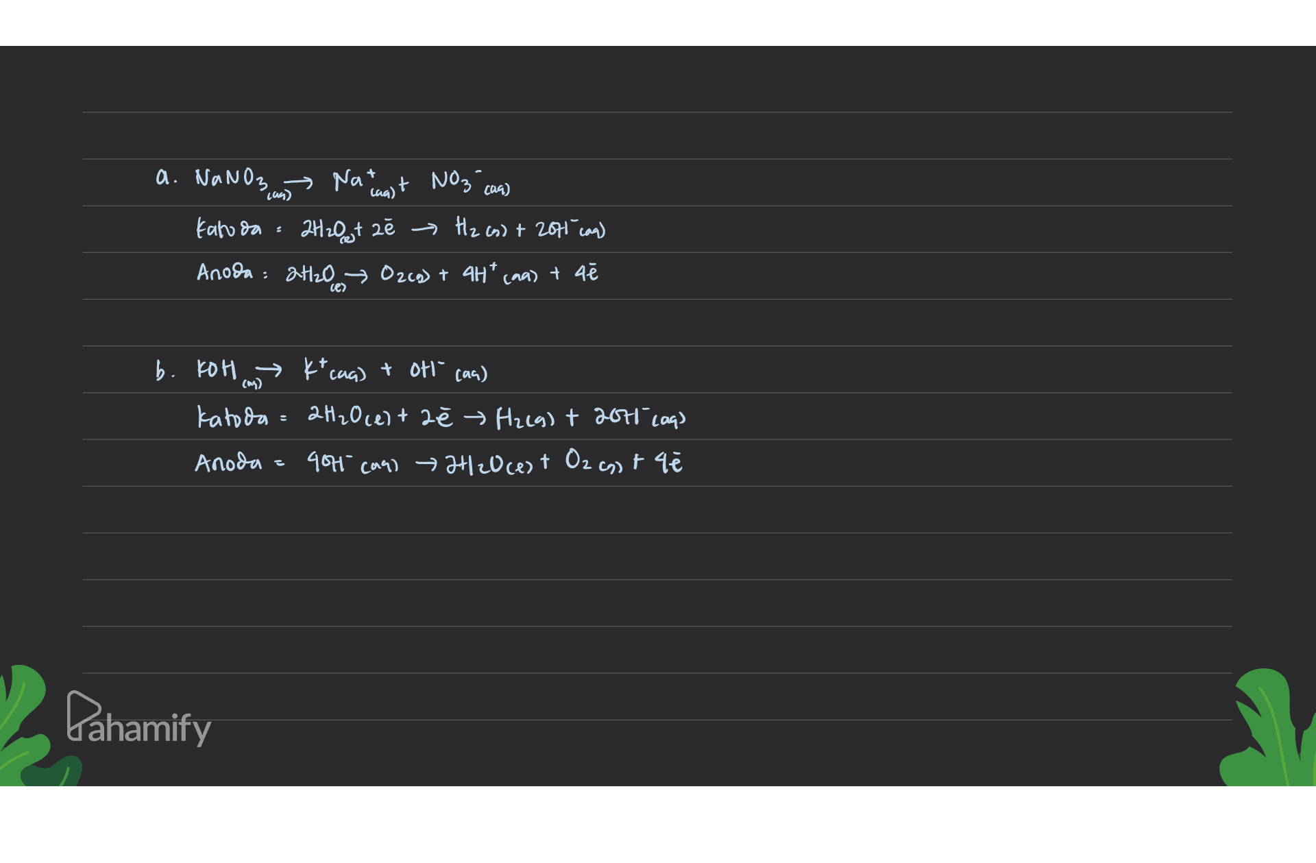 149) cag) a. NaNO3 → Natt Nozi Katoda = 2H2O + 2 → Hz (s) + 2011 can) Anoda = 2H2O O2(g) + 4H* caa) + 48 ces (M) b. Kol kt caq) + oth can) katoda 2H₂O celtzł H2(g) + 2011 (aq) Anoda = 984 cani 2120cest Ozant që s Pahamify 