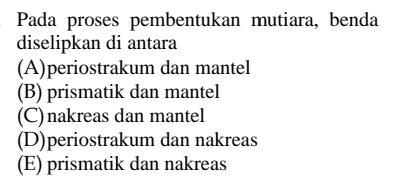 Pada proses pembentukan mutiara, benda diselipkan di antara (A)periostrakum dan mantel (B) prismatik dan mantel (C)nakreas dan mantel (D)periostrakum dan nakreas (E) prismatik dan nakreas 