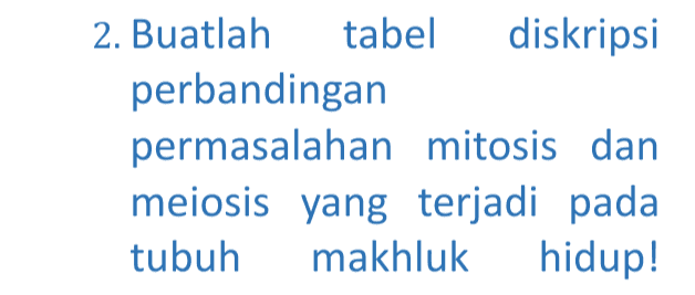 2. Buatlah tabel diskripsi perbandingan permasalahan mitosis dan meiosis yang terjadi pada tubuh makhluk hidup! 