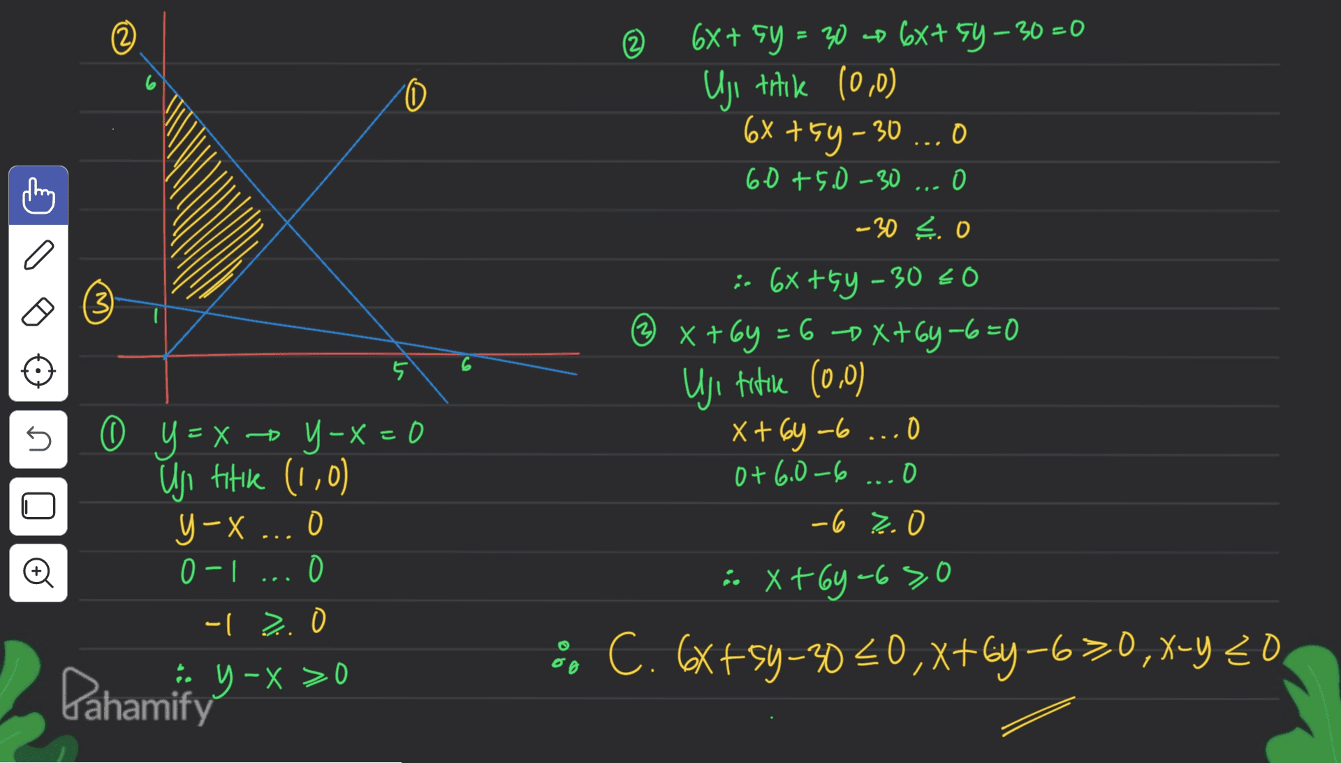 0 I a 2 6X+ 5y = 30 o 6x+ sy-30=0 Uji titik 10,0) 68 tsy-30 ...O 60 +5.0 -30... O -30 4.0 :- 6x +54 - 30 = 0 © x + 6y = 6 DX+64-6=0 Uji titik (0,0) x+6y=6 ...O O 0+ 6.0-6 ...O (3) 5 5 0 y = x - y - x = 0 Uji titik (1,0) y-x... 0 0-1.0 - 120 - -6 7.0 © -6 ix+6y=630 so C. GX+S4-3030,x+6y-620,X-Y ZO. > fahamit, y=x 30 