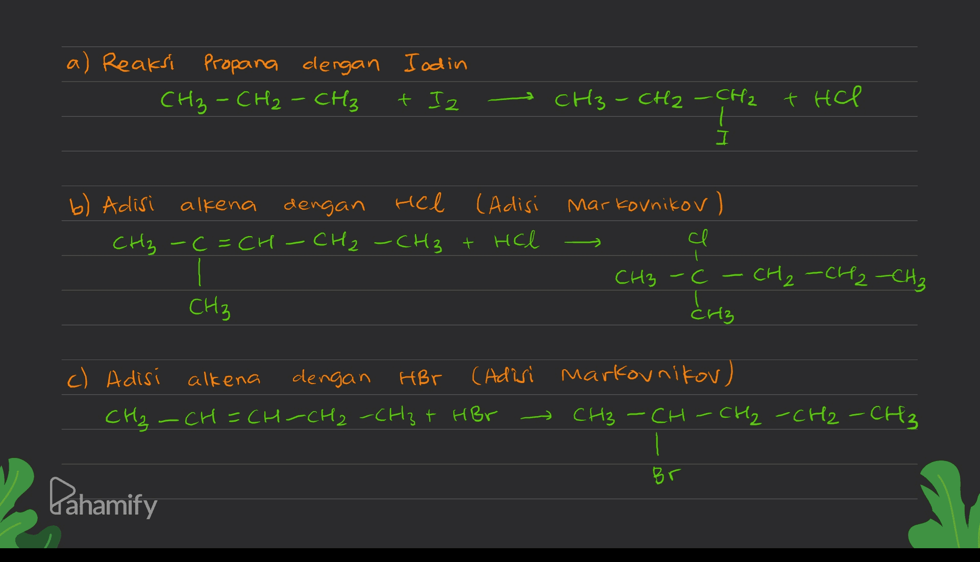 а a) Reaksi Propana dengan Iodin сня - Сн, - сн; + T2 — сH3 - CH2 – сна + HCl І b) Adisi alkena dengan hel Hel (adisi сиз, -С = Си — си. — СН3 + HCl Markovnikov) с ce CH3 -с — си, — си –сна driz , сиз c) Adisi а alkena dengan HBr (Adisi Markownikov) си — CH = CH-CH, -сH + Her СН3 – CH – си. -СН2 – сH3 Br Dahamify 