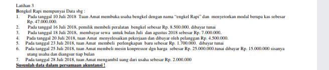 Latihan 3 Bengkel Rapi mempunyai Data sbg 1. Pada tanggal 10 Juli 2018 Tuan Amat membuka usaha bengkel dengan nama "engkel Rapi" dan menyetorkan modal berupa kas sebesar Rp. 47.000.000 2 Pada tanggal 16 Juli 2018, pemilik membeli peralatan bengkel sebesar Rp. 8.500.000, dibayar tunai 3. Pada tanggal 18 Juli 2018, membayar sewa untuk bulan Juli dan agustus 2018 sebesar Rp. 7.000.000, 4. Pada tanggal 20 Juli 2018, tuan Amat menyelesaikan pekerjaan dan dibayar oleh pelanggan Rp. 4.500.000, 5. Pada tanggal 23 Juli 2018, tuan Amat membeli perlengkapan baru sebesar Rp. 1.700.000 dibayar tunai 6. Pada tanggal 25 Juli 2018, tuan Amat membeli mesin kompressor dgn harga sebesar Rp. 25.000.000.tunai dibayar Rp. 15.000.000 sisanya utang usaha dan diangsur tiap bulan 7. Pada tanggal 28 Juli 2018, tuan Amat mengambil uang dari usaha sebesar Rp 2.000.000 Susunlah data dalam persamaan akuntansi ! 