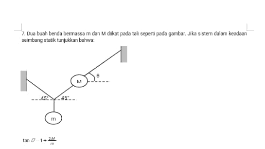 7. Dua buah benda bermassa m dan M diikat pada tali seperti pada gambar. Jika sistem dalam keadaan seimbang statik tunjukkan bahwa: m tan =1+2M 