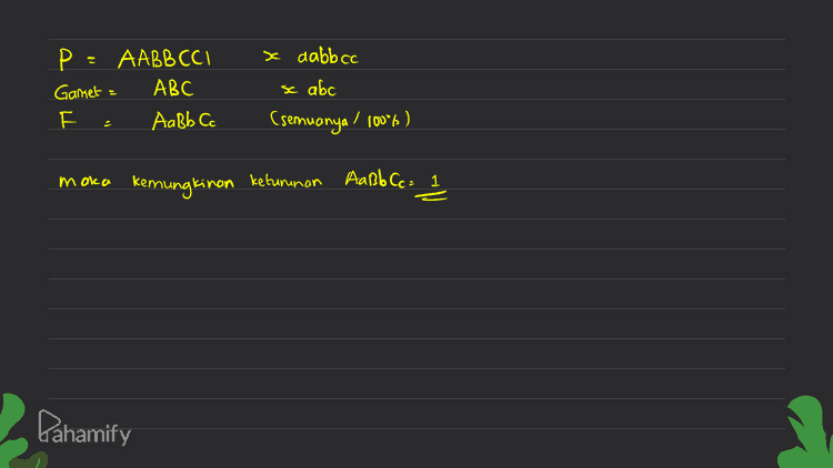 P: AABB CCI Gamet = ABC AaBb Cc x aabbcc se abc Csemuonya / 100%) maka kemungkinan keturunan Aabb Ce= 1 Pahamify 
Gen bentuk polong G dan g gen warna polong I dan gi F= or gi Dijawab : P: Gg Ji x Gg Ii G = GI, Gi, gl, x Gl, Gi, gI, gi GI Gi g) GGIL GGI: Gg II Gi GGI: GGii Gqli g] Ggl Gali Gg 9911 Ditanya = persilangan sifat heterozigot sesamanya genotipe heterozigot : GgIi x Gg Ii Ggli Ggii ggli gi Ggli Ggii 99 li ggi Rasio genotipe F: gG-J- - 1 GGS), 2 GGDi, 2Gg]Í , 4 Gg Ii 3G-il s 1 GGü, Ggli 1 2 آ وو2 11و19: -وو 3 I ggii Pahamify 
x k Ketentuan genotipe pial ayam P-R- Walnut - pea ppR- = single Porr 오 l Pr - rose Dijawab: P = PPR, P = PPRr x pphr G =PR, Pr PR, pr F à a PR I P. PR PRR PR. Porn Porn Ratio genotipe : PARR : 2 PpRr : 1 pprr = (walnut) (walnut) (pea) Ratio fenotipe = 3 walnut : ' pea ppre pr 2 Ditanya = PPR, & pp Rr . jumlah keturunan yang mirip kedua tetuanya (walnut) & (rose) 75% Yang mirip telua (walnut) 3 4 Pahamify 
sc P₂ = AaBb Cc D d Aa Bb Cc D d G = gamet nya banyak banget nih kalo dijabarkan kata pakai pendekatan matematika jumlah gamet: 2", n- jumlah heterozigot menentukan jumlah keturunan Außbcond dari persilangan AaBb Cc D d x Aa Bb Cc D d Aa x Aa, hasil Aa = 2 Bb se Bb, hasil Bb = 2 Cc se Cc, hasil Cc : 2 Da se Dd, hasil Dd : 2 ) 4. gamet - 29 AaBb Cc D d punya 4 heterozigot, jadi 16 P2= Aabb Cc Dd sc AaBb Cc D d G= 16 16 Jumlah keturunan fz = 16x16 = 256 kalau dijabarkan banyak banget Lalu 2x2 x 2 x 2 16 Jadi jumlah Aadb c Da : 16 C Marca rasio AaBb Cc D d 1b - I 16 256 Pahamify 