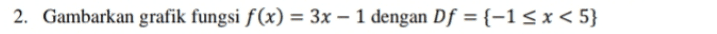 2. Gambarkan grafik fungsi f(x) = 3x – 1 dengan Df = {-1 <x<5} 
3. Diketahui fungsi f(x) = 5x – 2 dan f(k) = 18. Maka nilai k adalah ... 
4. Diketahui fungsi f(x) = ax +b, f(2) = 7,f(-2) = -5. Tentukan nilai a dan b. = 