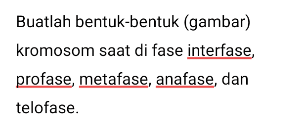 Buatlah bentuk-bentuk (gambar) kromosom saat di fase interfase, profase, metafase, anafase, dan telofase. 