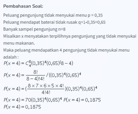 Pembahasan Soal: Peluang pengunjung tidak menyukai menu p=0,35 Peluang mendapat baterai tidak rusak q=1-0,35=0,65 Banyak sampel pengunjung n=8 Misalkan x menyatakan terpilihnya pengunjung yang tidak menyukai menu makanan Maka peluang mendapatkan 4 pengunjung tidak menyukai menu adalah : Plx = 4) = 0,35)^(0,65)8 – 4) 8! P(x = 4) = -/((0,35)*(0,65)4 8-4)!4! 8x7x6x5 x 4! P(x = 4) =( -)(0,35)*(0,65)4 4!4! P(x = 4) = 70(0,35)*(0,65)4 P(x = 4) = 0,1875 P(x = 4) = 0,1875 