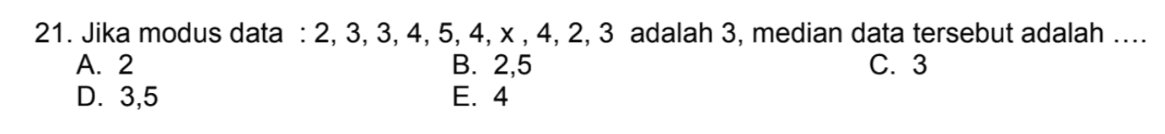 21. Jika modus data : 2, 3, 3, 4, 5, 4, ×, 4, 2, 3 adalah 3, median data tersebut adalah .... A. 2 B. 2,5 C. 3 D. 3,5 E. 4 