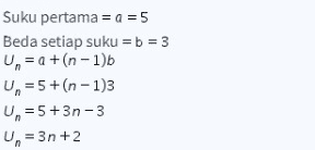 Suku pertama = a = 5 Beda setiap suku = b = 3 Un = a + (n-1) Un=5+(n-1)3 Un=5+3n-3 U = 3n+2 