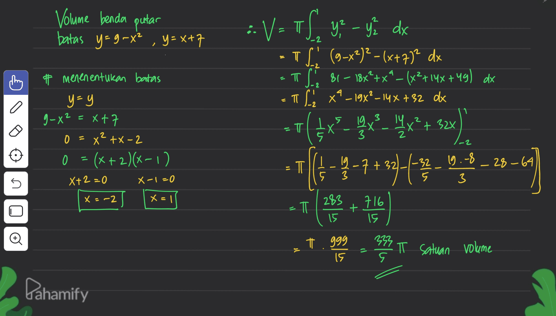 Volume benda putar batas y=g-x² , y=x+7 11 T ㅠ - TL (9-x²)²-(x+77² dx = TSI x— ( 81 - 18x²+x"_(x²+14x +49) dx TL x _198²_14x +32 ox 2 =x+7 X1 .T # menenentukan batas y=y g-X² 0=x²+x-2 O = x (x + 2)(x-1) X+2 = 0 x-1=0 x=-2] Xall s -2 T ㅠ 1 U 4x ? bu x _ 14 x* +32x) (4-9-9 +59-67-19,6-25-4] (a best pole Sony =T n o + 999 T satuan volume ( 15 Dahamify 