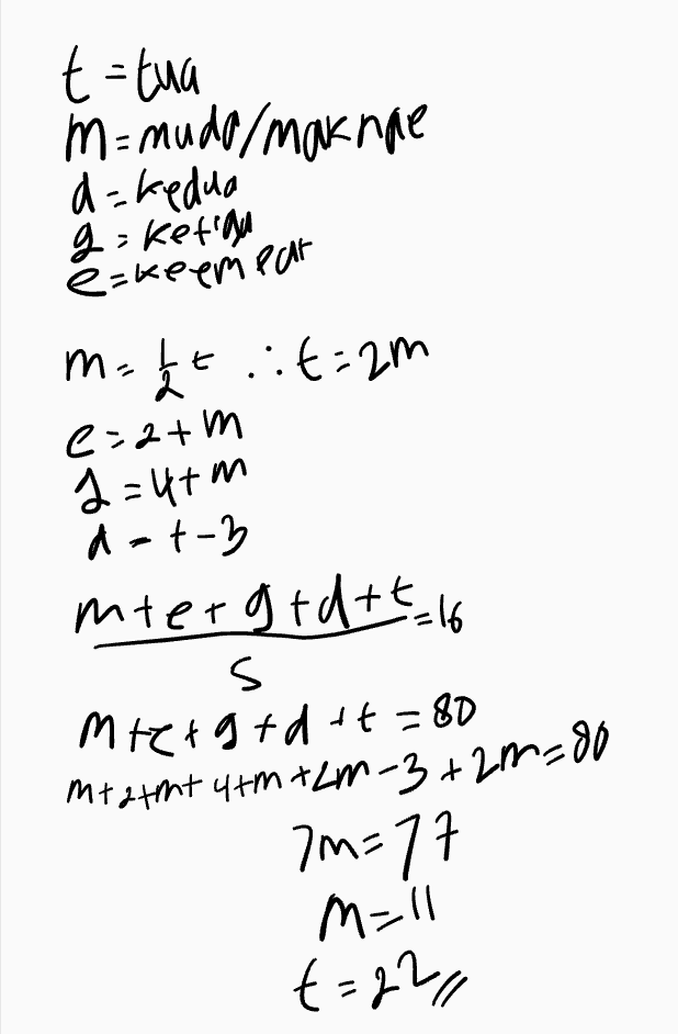 t = tua m= mudo/maknae d=kedua go ketimu e=keempat m=ht.it=2m c=2+m 2=4tm det-3 mtergratt_16 s mtergrd &t=80 Mtatant 4+ m +LM-3 +20=80 7m=77 M=11 t=22% 