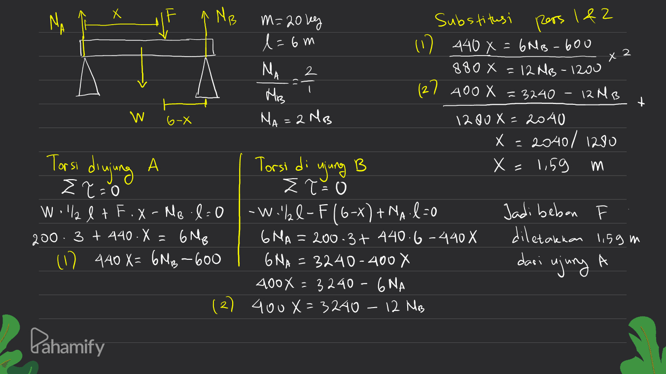 NA MB pers 142 x 2 2 6-X m=20kg substitusi l=6m (1) 440 X = 6NB-600 Ne 880 X = 12 NB-1200 Mis (27 400 X = 3240 - 12 MB W NA =2 MB 1280 X = 2040 x = 2040 / 1280 Torsi di ) B В ujung X = 1,59 Στο lt -l= -Will-F16-x) + MA.l=0 Jadi beban 200. 3 + 440.. = 6 No 6 NA 200-3+ 440.6 -440 X diletakkan 1,59m (1) 440 8= 6MB-600 6 NA = 3240-400X dari 4000 = 3240 - 6 NA (2) 400 x = 3240 - 12 MB Torsi diujung Ir=0 - Pahamify 