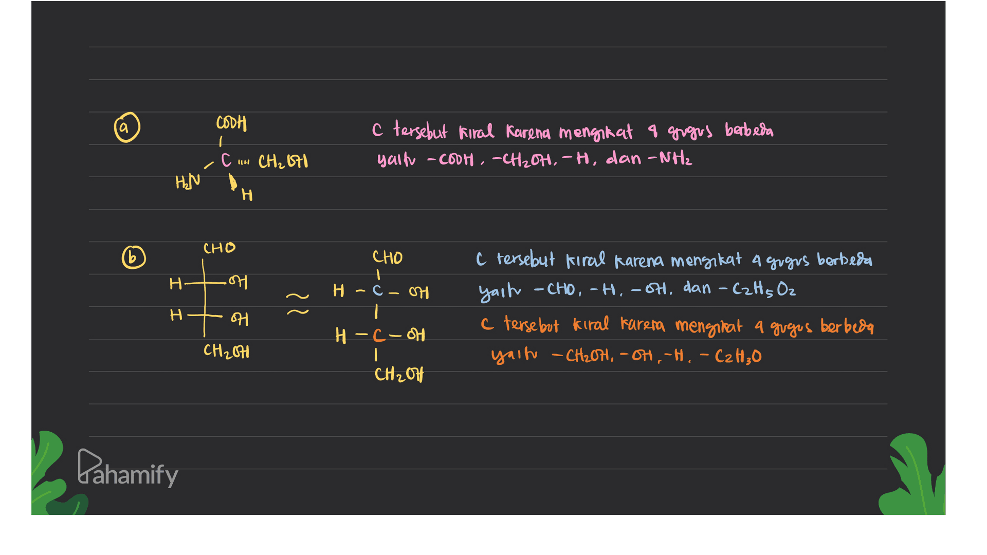 a COOH I C nu CH₂670 a tersebut kiral Karena mengikat a gogus berbeda yalf -cool -CH2070, -H, dan -NH2 HN н CHO CHO H. Н 2014 H - C - OH - a ܐ ܐ C tersebut kiral karena mengikat 4 gigrs berbeda yait -CHO-H..OH. dan - Calts Oz C tersebut kiral karena mengriat a gugus berbeda yaitu -CH2OH, OH,-H, - C₂H₂O H 1 H -p-n- H – (-OH CH2OH - CH₂OH Pahamify 