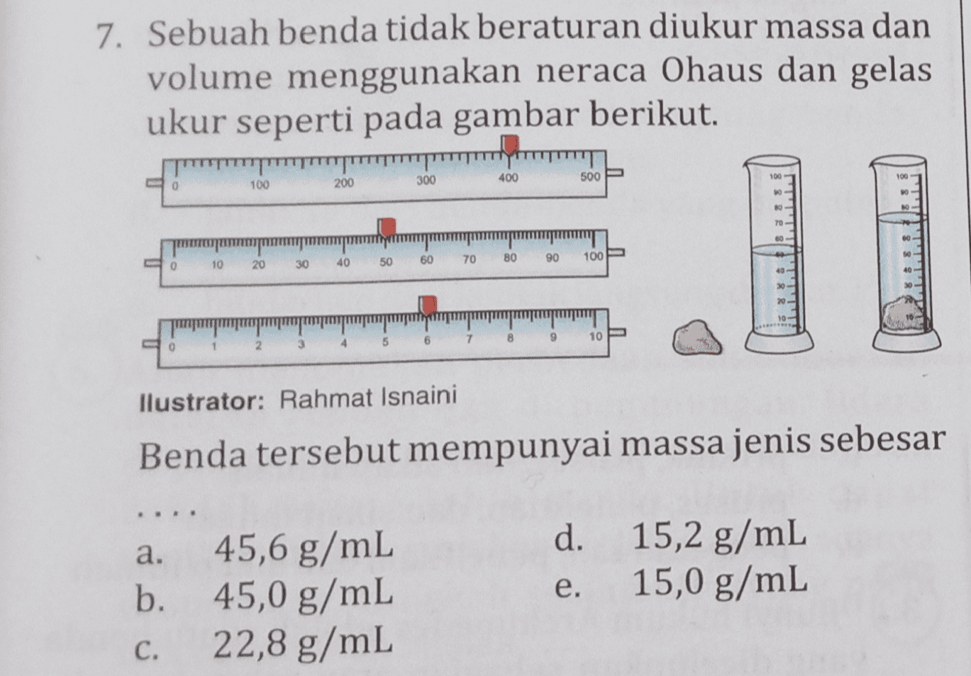 7. Sebuah benda tidak beraturan diukur massa dan volume menggunakan neraca Ohaus dan gelas ukur seperti pada gambar berikut. IT 400 500 300 100 - 100 100 200 0 BO 70 - 00 BO 90 70 100 10 60 0 20 30 40 50 40- 30 20 8 9 10 0 2. 3 llustrator: Rahmat Isnaini Benda tersebut mempunyai massa jenis sebesar d. a. b. 45,6 g/mL 45,0 g/mL 22,8 g/mL 15,2 g/mL 15,0 g/mL e. C. 