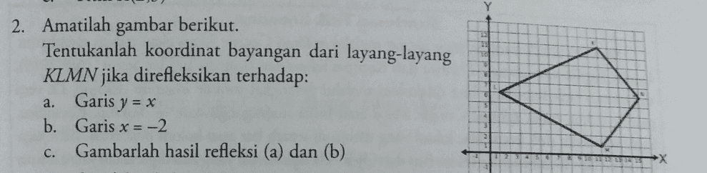 2. Amatilah gambar berikut. Tentukanlah koordinat bayangan dari layang-layang KLMN jika direfleksikan terhadap: Garis y = x b. Garis x = -2 Gambarlah hasil refleksi (a) dan (b) a. C. 