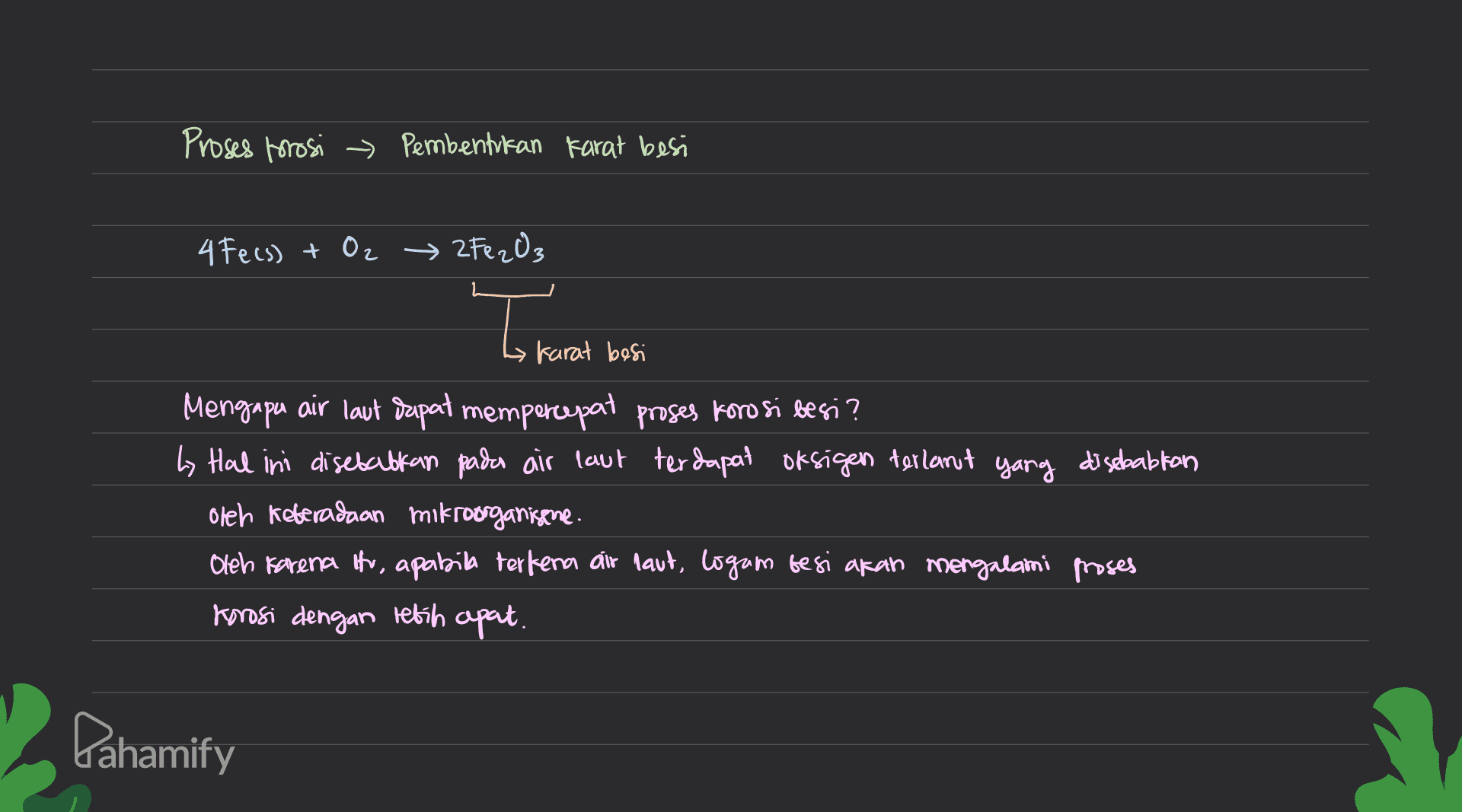 Proses forosi → Pembentikan Karat besi 4 Fecs) + O2 → 2Fe2O3 To karat besi Mengapa air laut dapat mempercepat proses korosi besi? by Hal ini disebabkan pada air laut terdapat oksigen terlant yang disebabkan oleh keberadaan mikroorganisere. Oleh karena itu, apabila terkena air laut, logam besi akan mengalami proses Korosi dengan lebih apat. Pahamify 