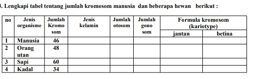. Lengkapi tabel tentang jumlah kromosom manusia dan beberapa hewan berikut : no Jenis kelamin Jumlah otosom Jumlah gono som Formula kromosom (kariotype) jantan betina 1 2 Jenis Jumlah organisme Kromo som Manusia 46 Orang 48 utan Sapi 60 Kadal 34 3 4 