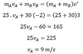 VB = -2 m/s (bola B bergerak ke kiri) ma = 25 g mg = 30 g v' = 3 m/s VA=...? 
MAPA + mBVB = (ma+mp)v' 25. VA + 30 (-2) = (25 +30)3 25VA - 60 = 165 25VA = 225 VA = 9 m/s 