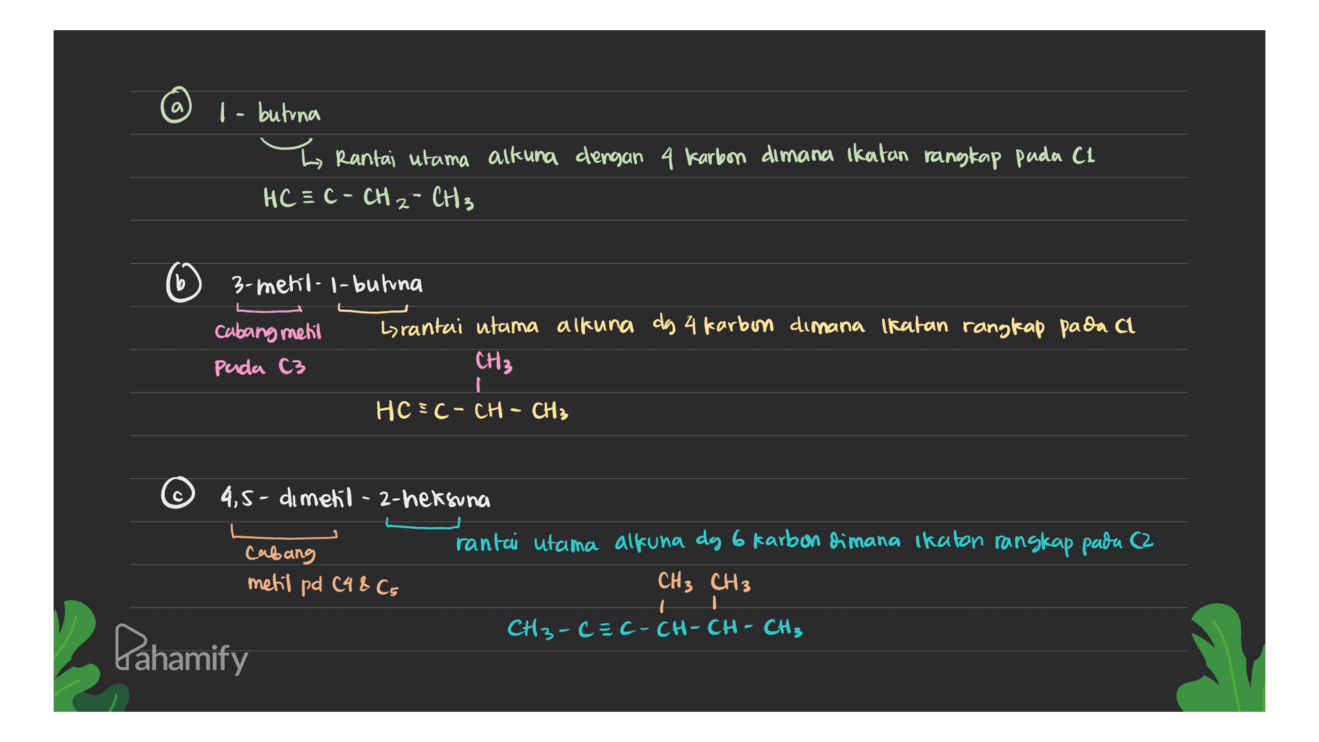 @ 1 - butuna Rantai utama alkuna dengan 4 karbon dimana ikatan rangkap pada C1 HC = C - CH2 - CH3 b 3-metil-1-butna cabang metil Lyrantai utama altura dg 4 farbon dimana Ikatan rangkap pada Cl Pada C3 CH3 HCC- CH - CH3 4,5-dimetil-2-heksuna rantai utama alfuna dg 6 Karbon dimana ikatan rangkap pada (2 cabang ) metil pd C4 & Cs CH3 CH3 CH3-CEC-CH-CH-CH3 I Pahamify 