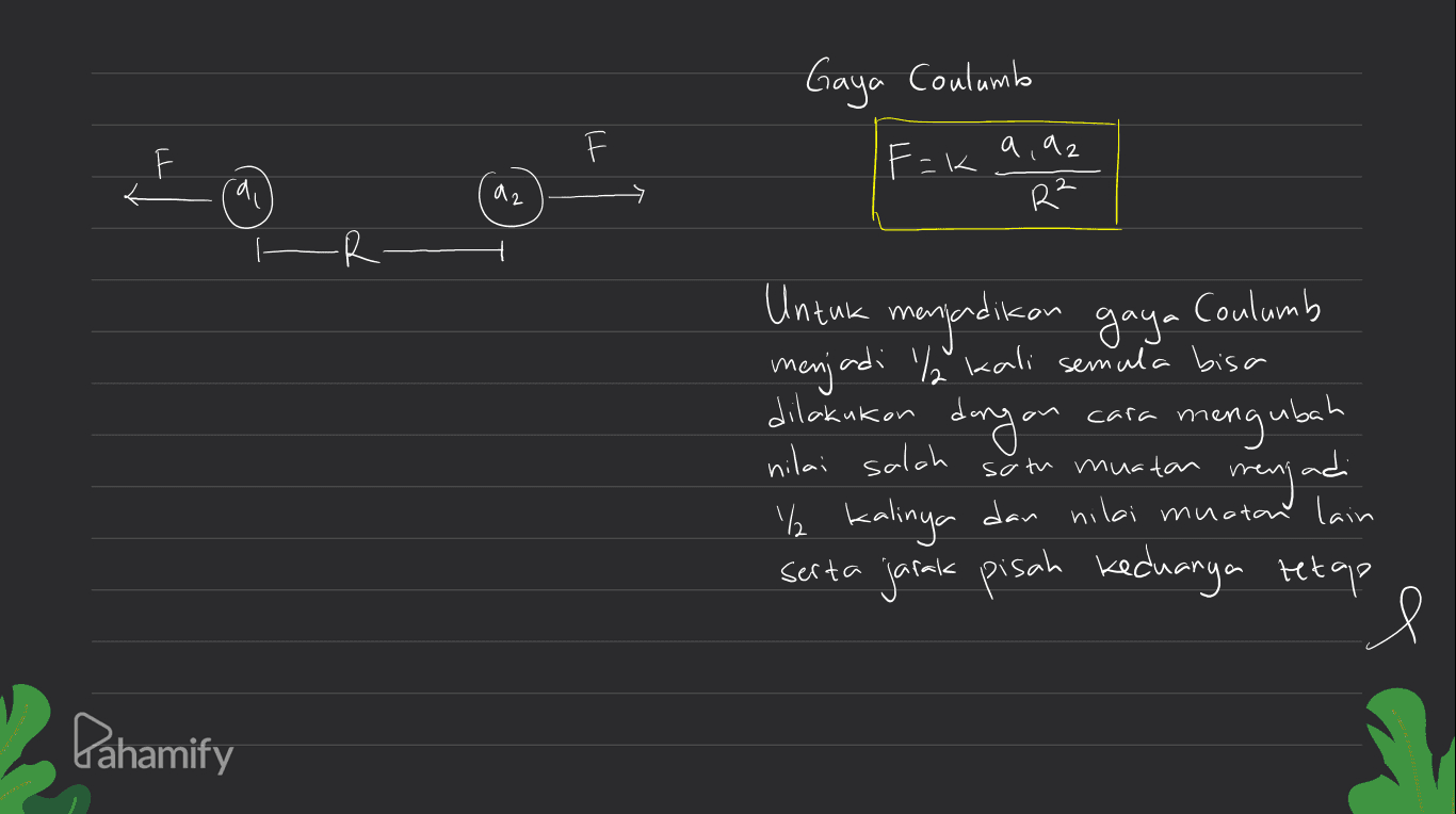 Gaya Coulumb F=k 9,92 2 rai 02 ㅋ R² -R. ( Untuk menjadikan gaya Coulumb menjadi ₂ kali semula bisa mengubah nilai salah iadi ½ kalinya dan nilai muatan lain serta jarak pisah keduanya tetap dilakukan dengan cara soth muatan menjadi l Pahamify 