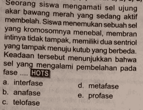 Seorang siswa mengamati sel ujung akar bawang merah yang sedang aktif membelah. Siswa menemukan sebuah sel yang kromosomnya menebal, membran intinya tidak tampak, memiliki dua sentriol yang tampak menuju kutub yang berbeda. Keadaan tersebut menunjukkan bahwa sel yang mengalami pembelahan pada fase .... HOTS a. interfase d. metafase b. anafase e. profase c. telofase 