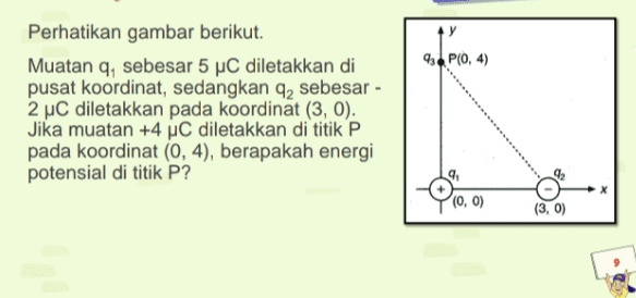 Pro 4 PO. .4) Perhatikan gambar berikut. Muatan q, sebesar 5 uC diletakkan di pusat koordinat, sedangkan qz sebesar- 2 uC diletakkan pada koordinat (3, 0). Jika muatan +4 uC diletakkan di titik P pada koordinat (0,4), berapakah energi potensial di titik P? (0, ) (3, 0) 