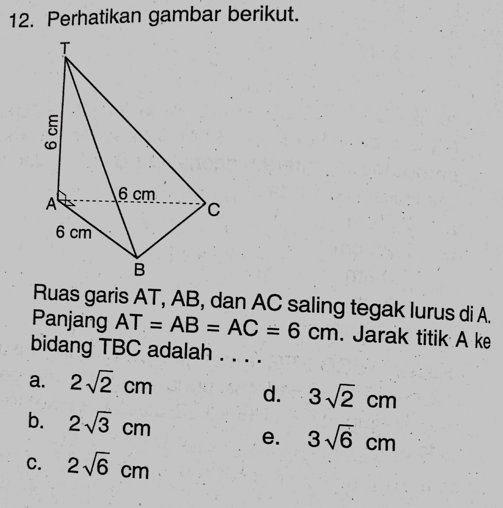 12. Perhatikan gambar berikut. T 6 cm 6 cm A С 6 cm B Ruas garis AT, AB, dan AC saling tegak lurus di A. Panjang AT = AB = AC = 6 cm. Jarak titik A ke bidang TBC adalah .... a. 22 cm d. 32 cm b. 213 cm e. 3 V6 cm c. 26 cm 