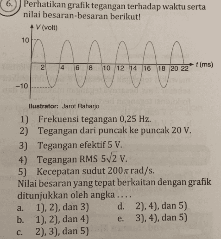 6. Perhatikan grafik tegangan terhadap waktu serta nilai besaran-besaran berikut! V (volt) 10 AA 2 4 6 8 10 12 14 16 t(ms) 18 20 22 -10 llustrator: Jarot Raharjo 1) Frekuensi tegangan 0,25 Hz. 2) Tegangan dari puncak ke puncak 20 V. 3) Tegangan efektif 5 V. 4) Tegangan RMS 5V2 v. 5) Kecepatan sudut 2007 rad/s. Nilai besaran yang tepat berkaitan dengan grafik ditunjukkan oleh angka .... 1), 2), dan 3) d. 2), 4), dan 5) b. 1), 2), dan 4) e. 3), 4), dan 5) c. 2), 3), dan 5) a. 