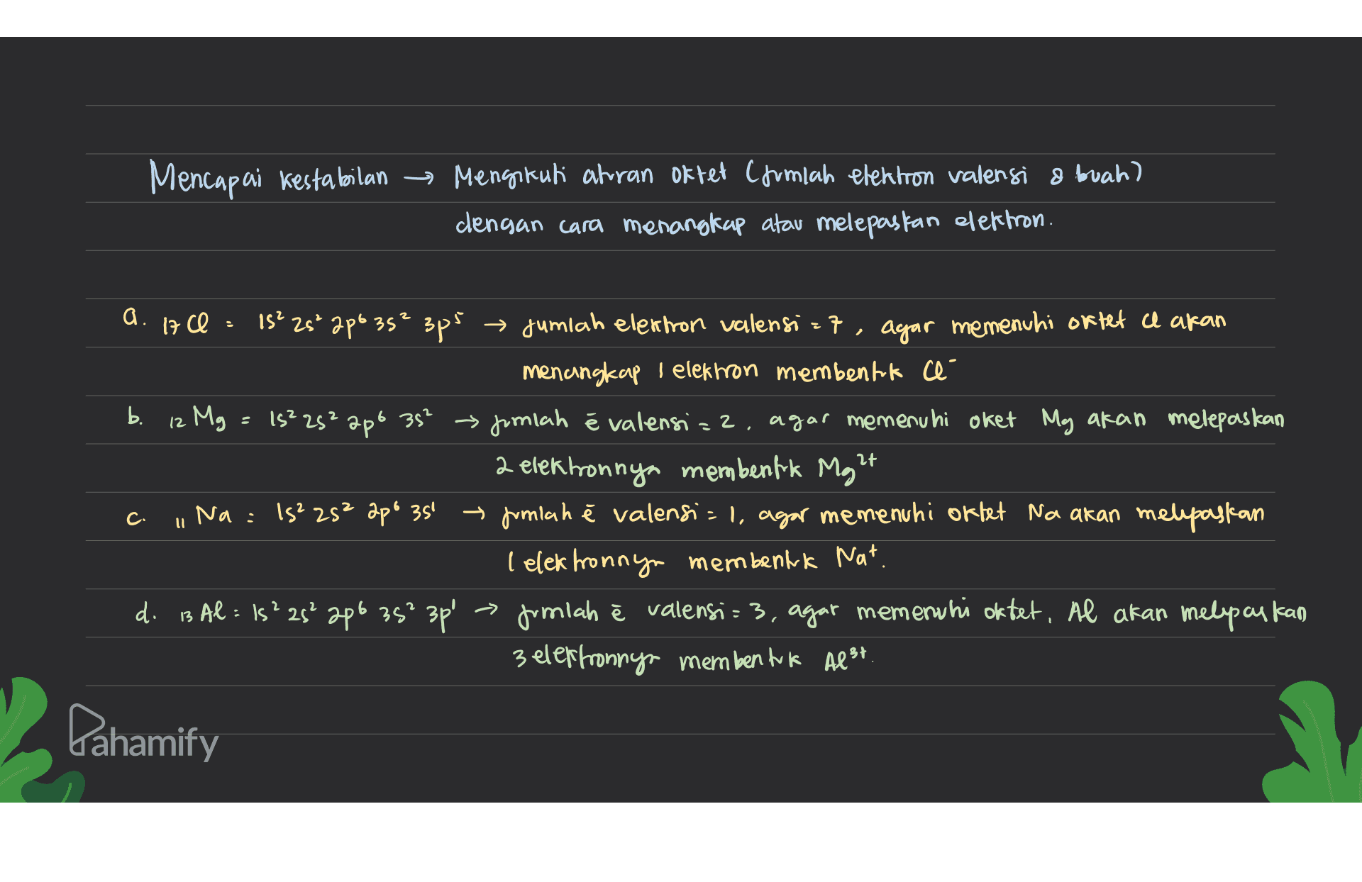 Mencapai kestabilan → Mengikuti aturan Oktet Coumlah elektron valensi 8 buah) dengan cara menangkap atau melepaskan elektron b. a. 170 = 15² 25² 2po 35² 3ps → jumlah elektron valensi = 7, agar memenuhi oktet al akan menangkap i elektron membentuk cé 12 Mg = 15²25² apo 35² → Jimiah é valensi=2, agar memenuhi oket Mg akan melepaskan 2 elektronnya membentik Mght Na=15²2s² apo 35' → Jumlah ē valensi=1, agar memenuhi Ortet Na akan melepaskan lelektronnyn membentuk Nat. do is Al = 15²25² 2p6 35² 3p. - jumlah ē valensi= 3, agar memenuhi oktet. Al akan melepaskan 3 eleffronnya membentuk Alst C 11 Dahamify 
