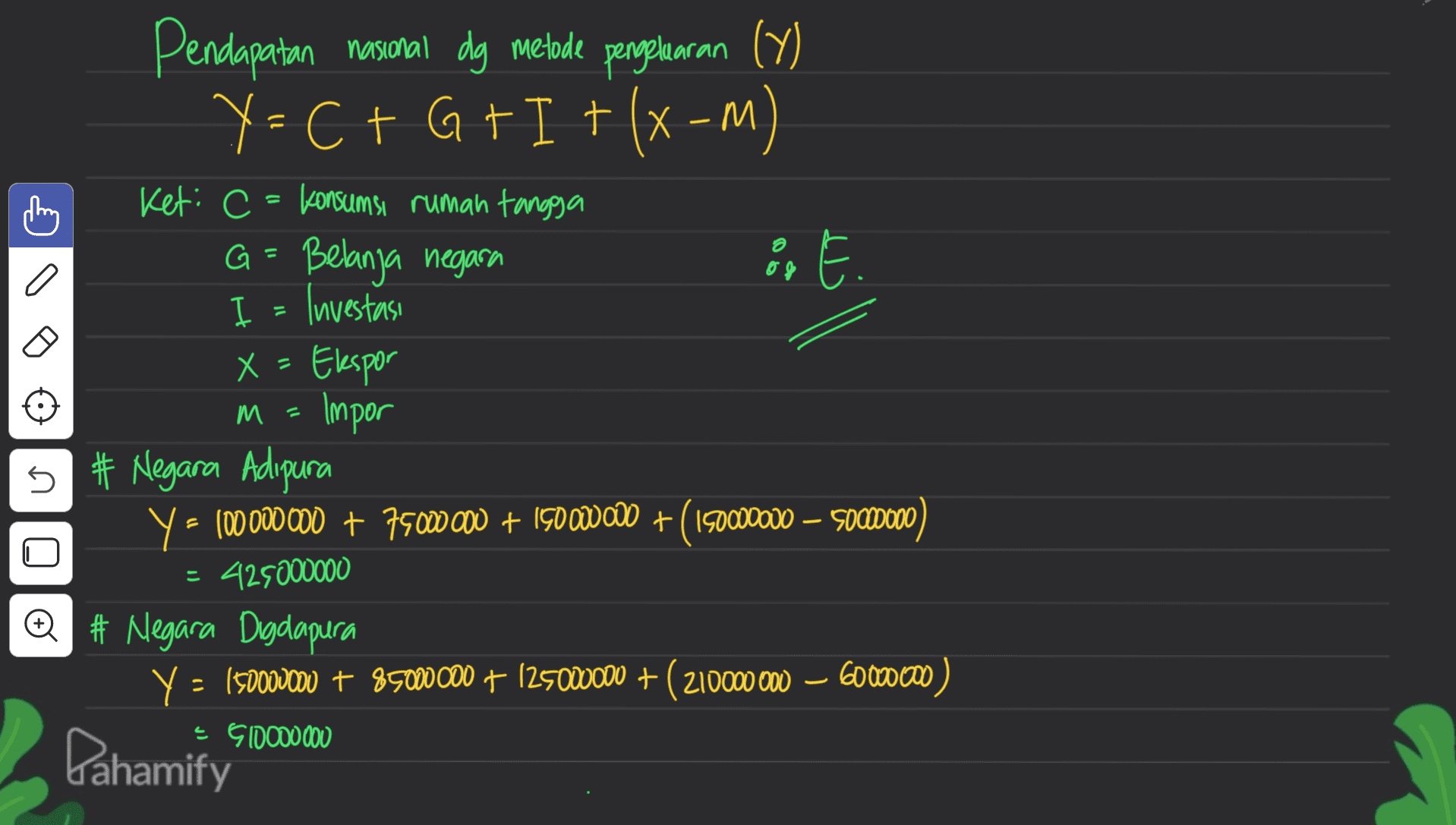 0 % دان 11 Pendapatan nasional dg metode pergelaran (Y) Y-C + G + I + (x-m) Keti C = konsumsi rumah tangga G = Belanja negara Investasi X X - Ekspor Impor # Negara Adipura Y = 100 000 000 + 75000 000 + 190 OWODO + (150000000 – 5000000) = 425000000 # Negara Digdapura Y = 150000000 + 85000000 + 125000000 + (210000 000 — 60000000 • SID00000 Dahamify X E M = U U 