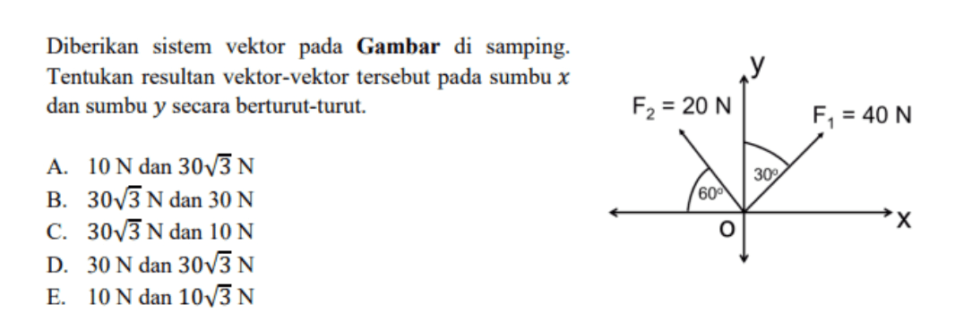 Diberikan sistem vektor pada Gambar di samping. Tentukan resultan vektor-vektor tersebut pada sumbu x dan sumbu y secara berturut-turut. F2 = 20 N F1 = 40 N 30 600 A. 10 N dan 30v3 N B. 30/3 N dan 30 N C. 30/3 N dan 10 N D. 30 N dan 30v3 N E. 10 N dan 10v3N O Х 