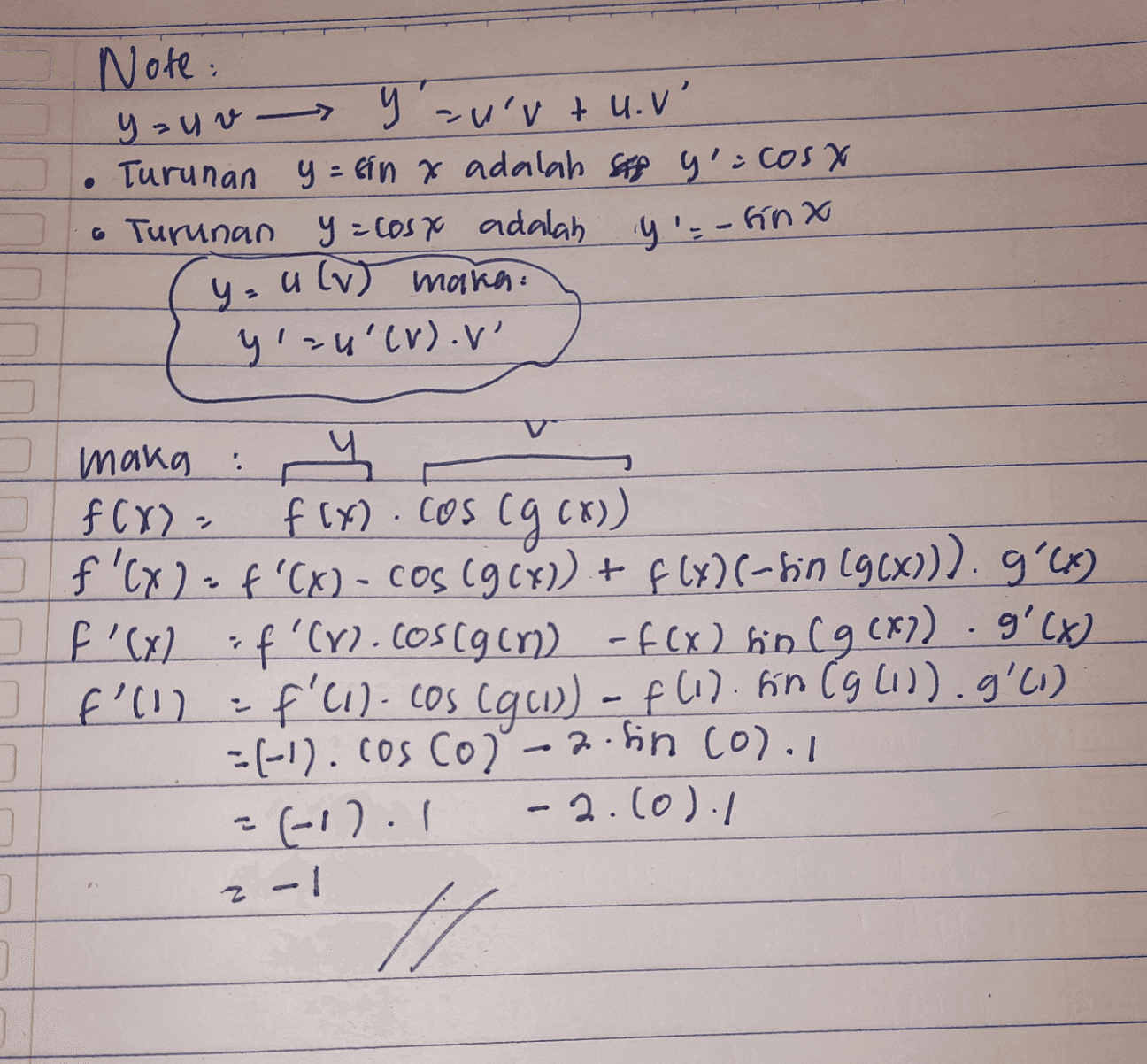 . Note: you v y au'vtu.v' • Turunan y sin a adalah sep y': cosa o Turunan y = cost adalah y'=-finx y ulv) mare y=6 CV).V' I maka : । ५ f (x)= f(x.cos cg er)) f'(x) = f'(X) - cos (ICV). + F(X)(-bin (g(x))). 9'68) f'(x) f'(n.cos(g(n)-f(x) hin (g(x)) .g'(x) I f'll f'll). cos Cgci)) - FC.). Fin (9.1)).g'li) =(-1). Coscol-t sin co). ] =(-1). I -2.cod./ -1 z H 