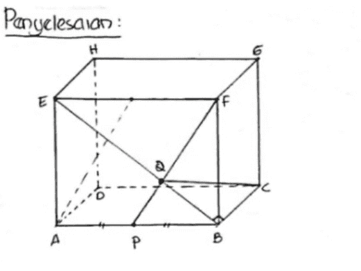 Panyelesaian H 6 E A Р B 
Lihat persegi AB FE 1/3 BE BQ BE AB + AE² -√6² +6² 12 - 62 BO c 1/3 6/2 = 252 Lihat A BCQ siku - siku di B Jarak antara a con c adalah ca ca : Bc² +BQ² 56² + (252)² 536 +8 544 = 2 :. Jarak e clan Q adalah aut 