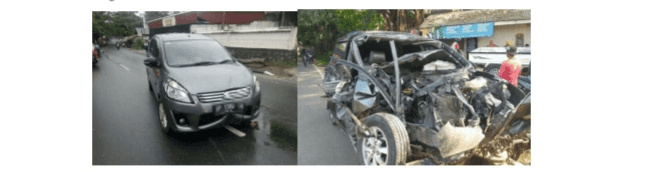 Gambar di atas merupakan mobil yang telah mengalami kecelakaan lalu lintas. Gambar mobil sebelah kiri menabrak pohon sedangkan sebelah kanan menabrak pembatas jalan tol. Berdasarkan hal di atas coba uraikan apa penyebab kedua mobil tersebut mengalami kerusakan yang berbeda dengan konsep fisika yang anda ketahui! 