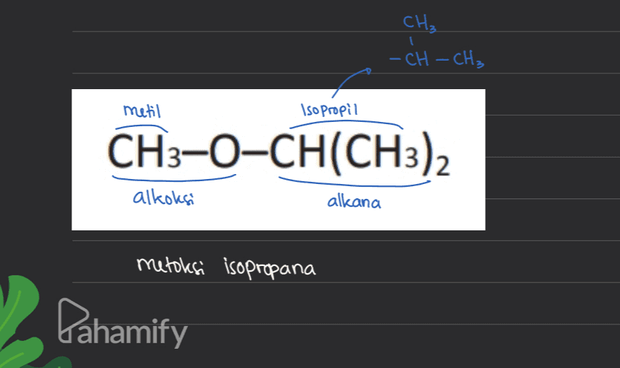 CH₃ -CH-CH₃ 모 모 metil Isopropil CH3–0-CH(CH3)2 alkoksi alkana metoksi isopropana Pahamify 