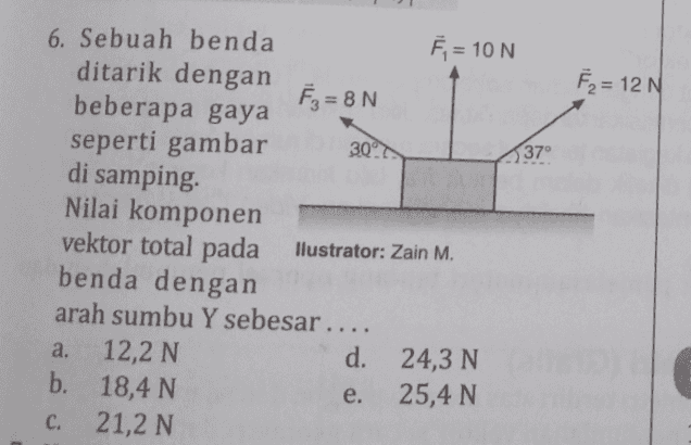 E2= 12 N N 6. Sebuah benda E = 10N ditarik dengan beberapa gaya Ez = N seperti gambar 30° 37 di samping Nilai komponen vektor total pada llustrator: Zain M. benda dengan arah sumbu Y sebesar.... a. 12,2 N d. 24,3 N b. 18,4 N e. 25,4 N C. 21,2 N 