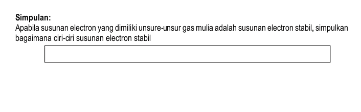 Simpulan: Apabila susunan electron yang dimiliki unsure-unsur gas mulia adalah susunan electron stabil, simpulkan bagaimana ciri-ciri susunan electron stabil 