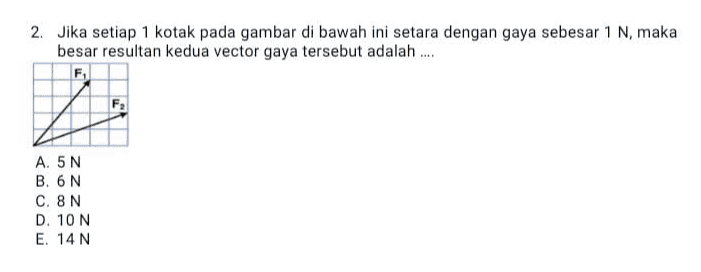 2. Jika setiap 1 kotak pada gambar di bawah ini setara dengan gaya sebesar 1 N, maka besar resultan kedua vector gaya tersebut adalah .... F A. 5N B. 6N C. 8N D. 10 N E. 14 N 