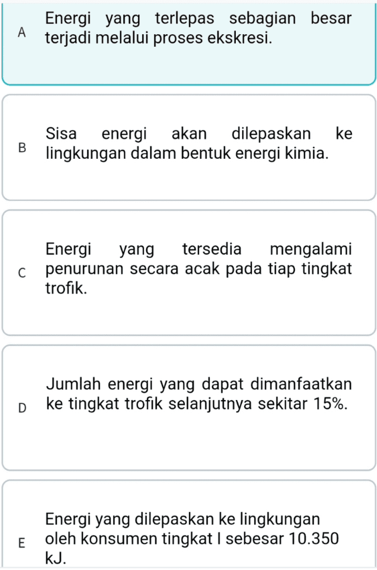 Populasi rumput pada piramida di atas memperoleh energi sebanyak 11.500 KJ dari sinar matahari. Pernyataan berikut yang benar terkait piramida energi pada gambar di atas adalah ... 
A Energi yang terlepas sebagian besar terjadi melalui proses ekskresi. ke Sisa energi akan dilepaskan lingkungan dalam bentuk energi kimia. Energi yang tersedia mengalami c penurunan secara acak pada tiap tingkat trofik. Jumlah energi yang dapat dimanfaatkan ke tingkat trofik selanjutnya sekitar 15%. E Energi yang dilepaskan ke lingkungan oleh konsumen tingkat I sebesar 10.350 KJ. 