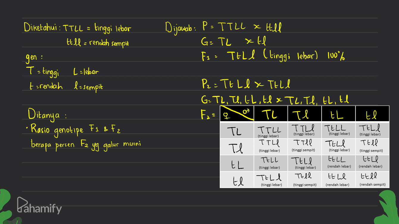 Diketahui : TTLL = tinggi lebar Hill= rendah sempit gen: L = lebar t=rendah l=sempit Dijawab : P - TILL x Hill P x G = TL xtl Fz - Tull (tinggi lebar) 100%) T= tinggi х 려 Ditanya • Rasio genotipe Fi & Fz berapa persen Fe yg galur murni tl TELU P2=TELIX THLI G = TL, Tl, tl, tlx TL, Tl, tl, El F2=le e TL Te th TL TILL TILL TELL TTLE Till TELL Tl TELL Tell EELL EL TELI Tell ttle tl (tinggi lebar) (tinggi lebar) (tinggi lebar) (tinggi lebar Tell (tinggi lebar) (tinggi sempit) (tinggi lebar) (tinggi sempit) ttle (tinggi lebar) (tinggi lebar) (rendah lebar) (rendah lebar) ttll (tinggi lebar) (tinggi sempit) (rendah lebar) (rendah sempit) Pahamify 